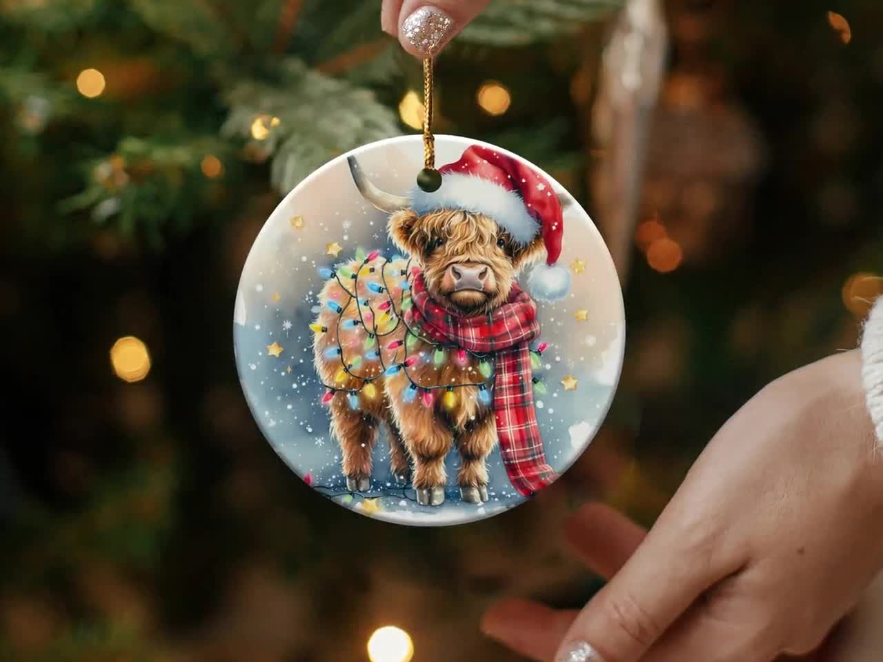 ハイランド牛のオーナメント、クリスマスオーナメント、ライト付き牛